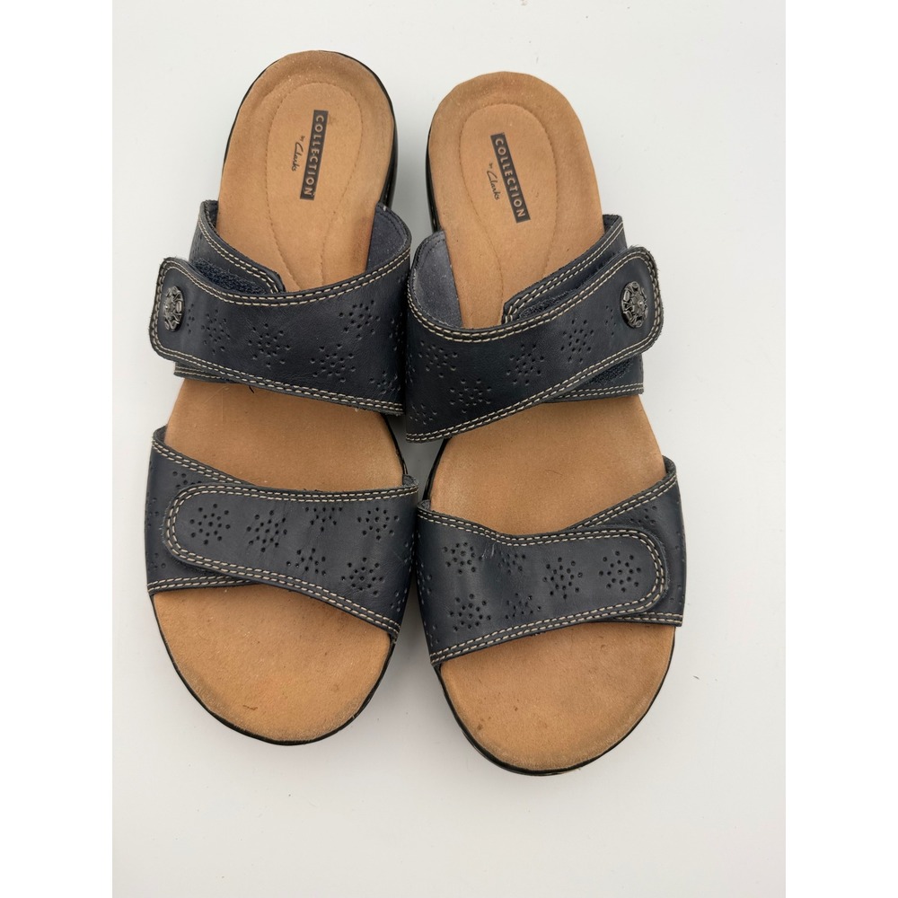 Clarks Collection Navy Blue Leather Perforated Slide Sandals Womens 11 26124795